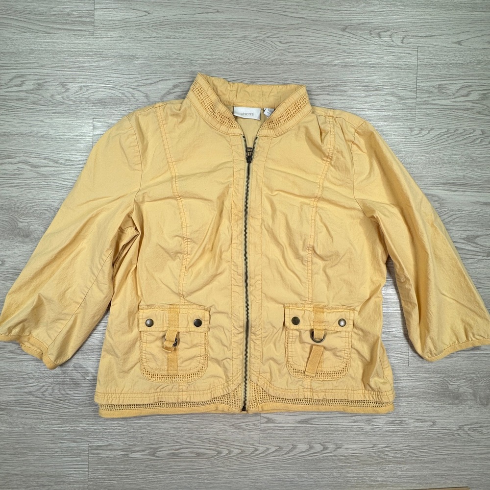 Chico's Women's Jacket Yellow Size 2 Large Full Zip Crochet Trim Utility Pockets